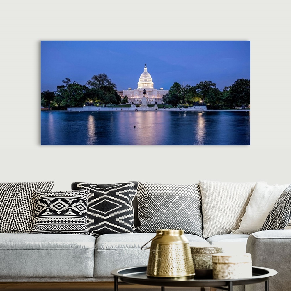 A bohemian room featuring Capitol Reflecting Pool At Night in front of US Capitol Building in Washington DC.