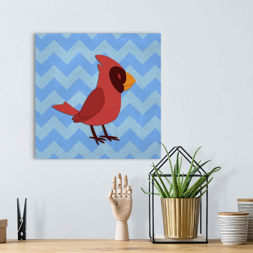 A bohemian room featuring A red Cardinal with the appearance of cutout paper on a blue chevron-patterned background.