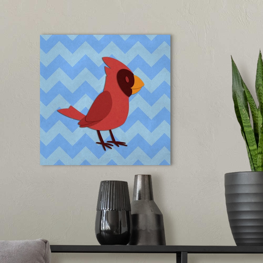 A modern room featuring A red Cardinal with the appearance of cutout paper on a blue chevron-patterned background.