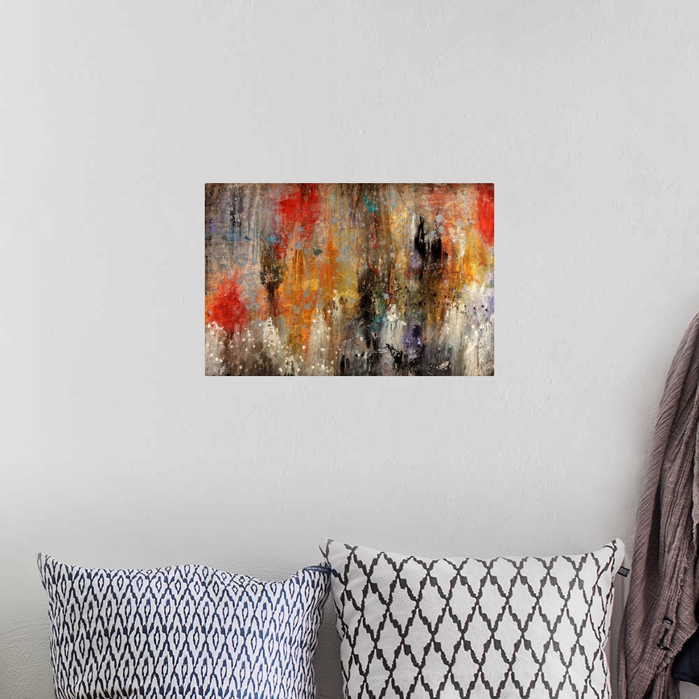 A bohemian room featuring Contemporary abstract painting reminiscent of a mysterious and hazy cave, done with splatters and...