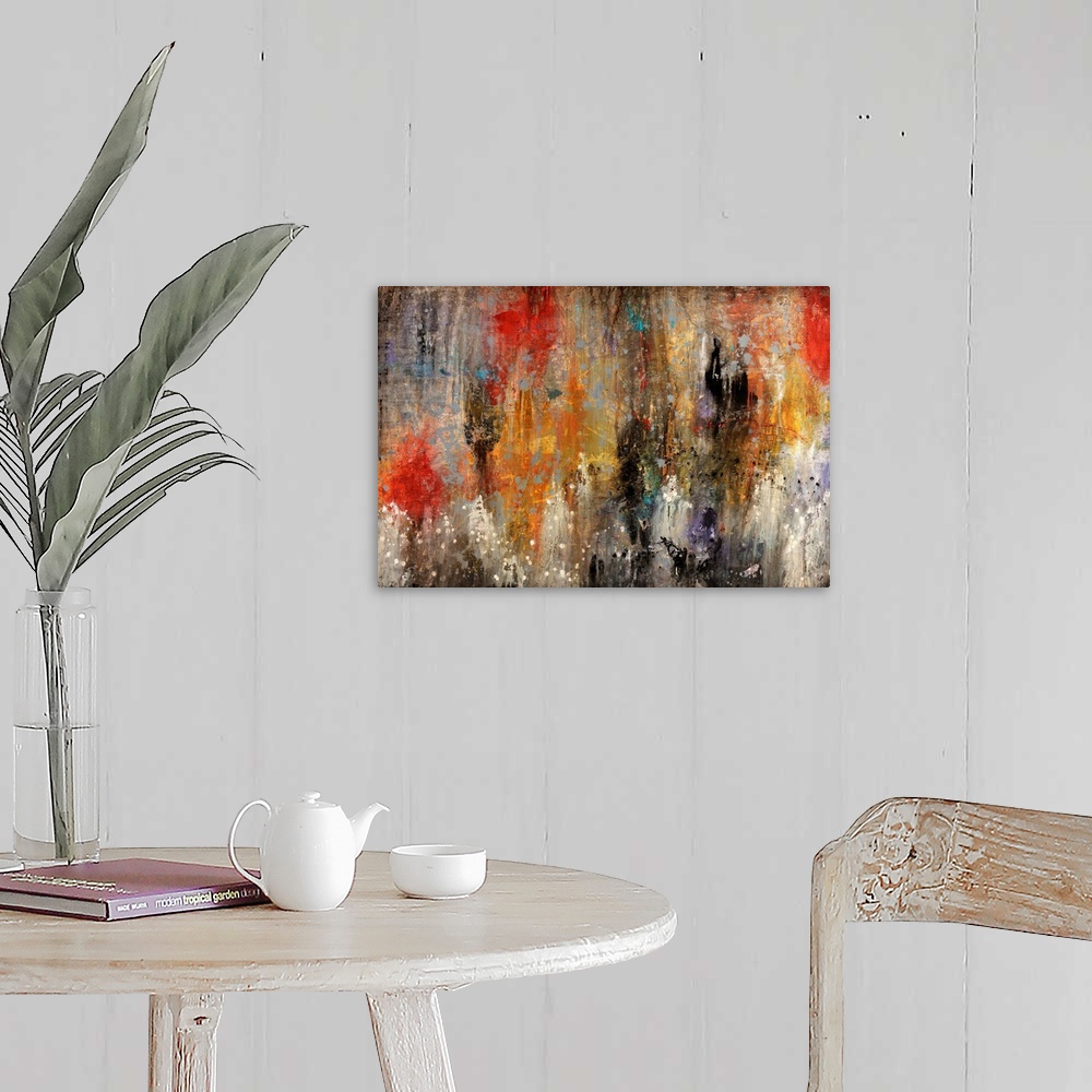 A farmhouse room featuring Contemporary abstract painting reminiscent of a mysterious and hazy cave, done with splatters and...