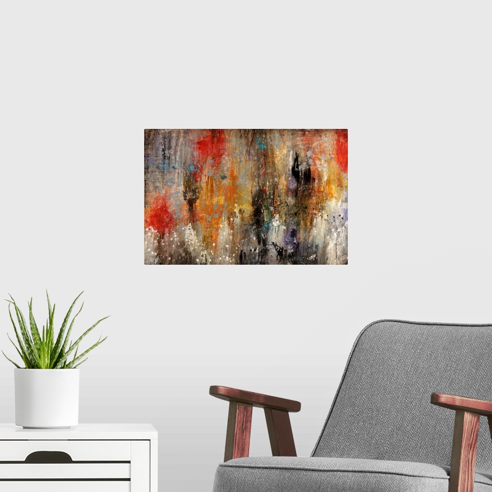 A modern room featuring Contemporary abstract painting reminiscent of a mysterious and hazy cave, done with splatters and...