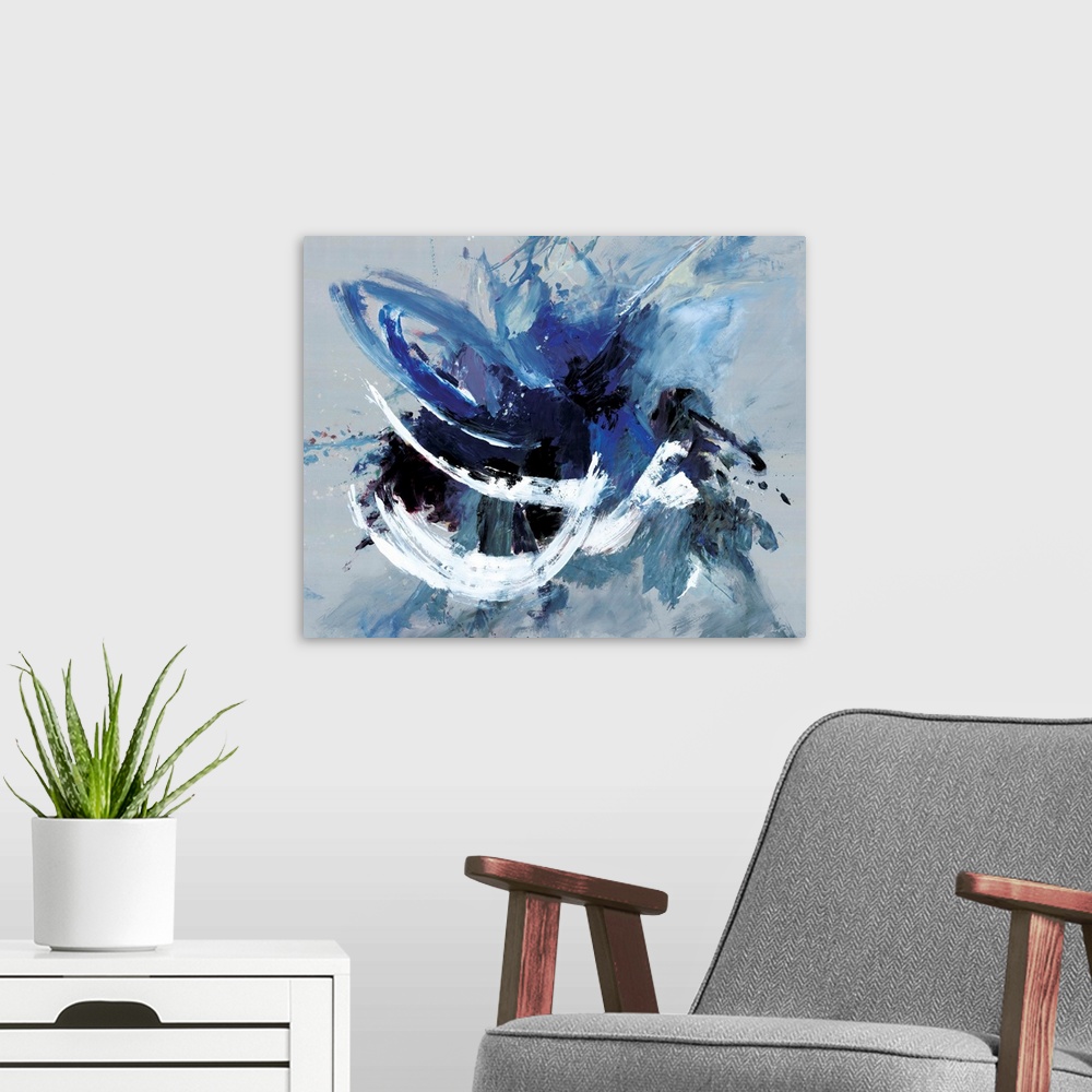 A modern room featuring Contemporary abstract artwork in blue, black, and white in broad, fast brushstrokes.