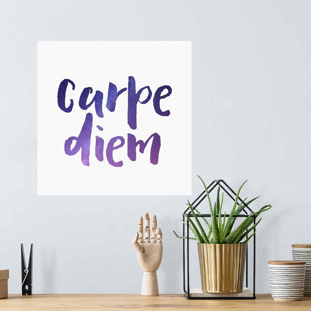A bohemian room featuring "Carpe Diem" in purple watercolor letters.