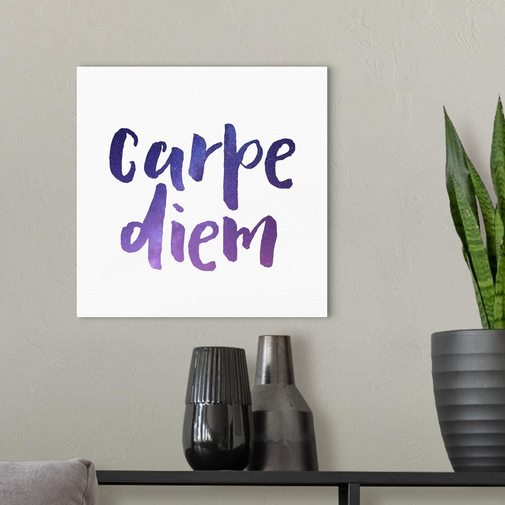 A modern room featuring "Carpe Diem" in purple watercolor letters.