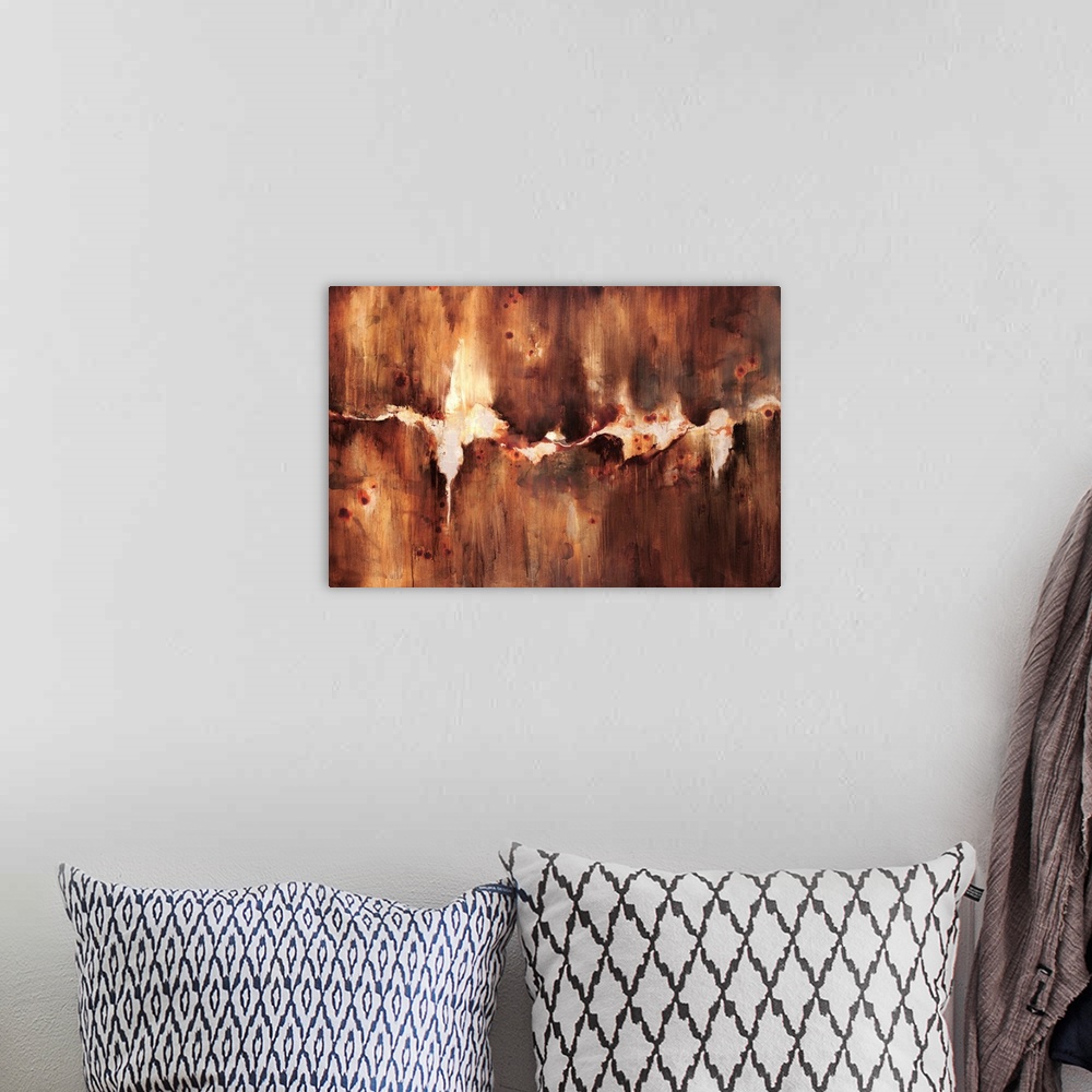 A bohemian room featuring Abstract artwork that is rust colored with a crack through the middle with an off white backgroun...