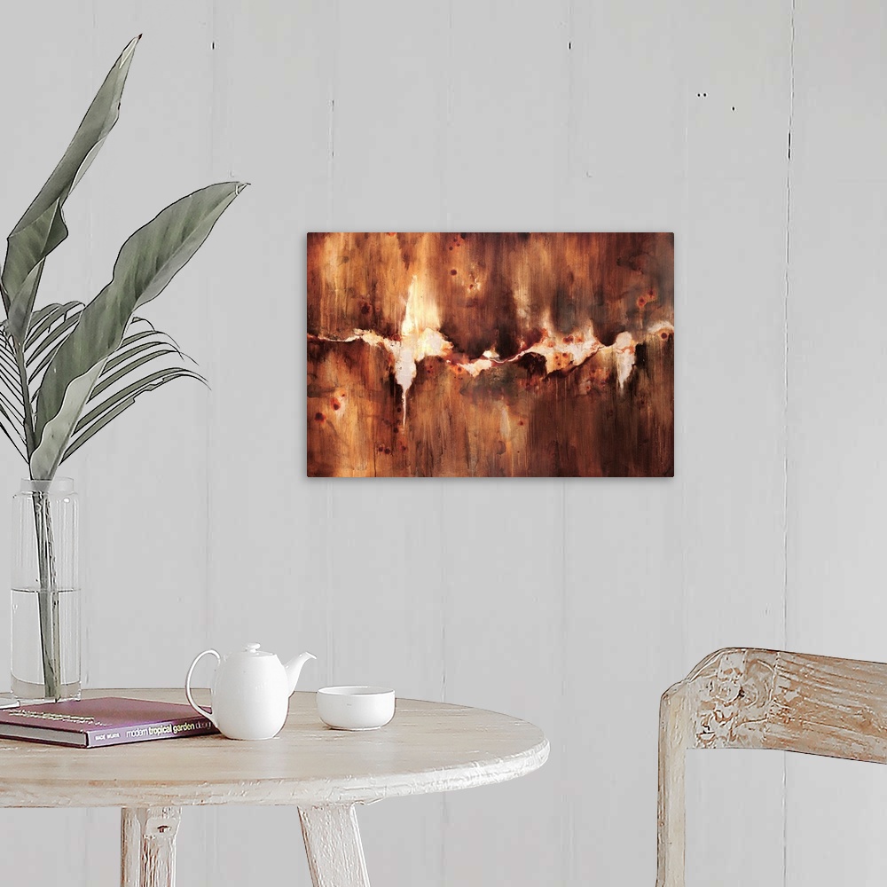 A farmhouse room featuring Abstract artwork that is rust colored with a crack through the middle with an off white backgroun...