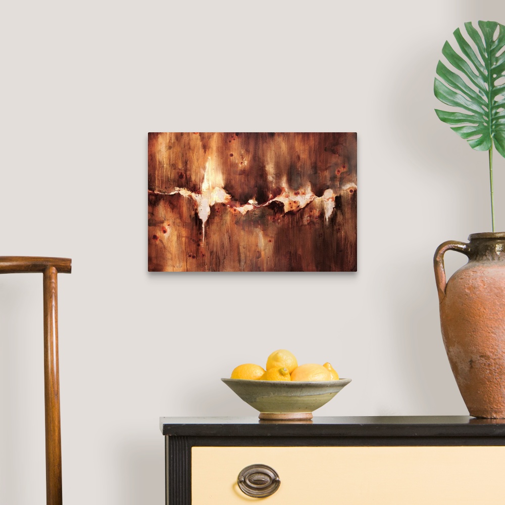 A traditional room featuring Abstract artwork that is rust colored with a crack through the middle with an off white backgroun...