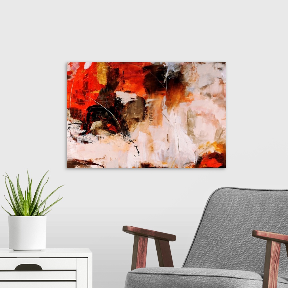 A modern room featuring Large abstract painting of different blotches of color brushed on top of a neutral colored backdrop.