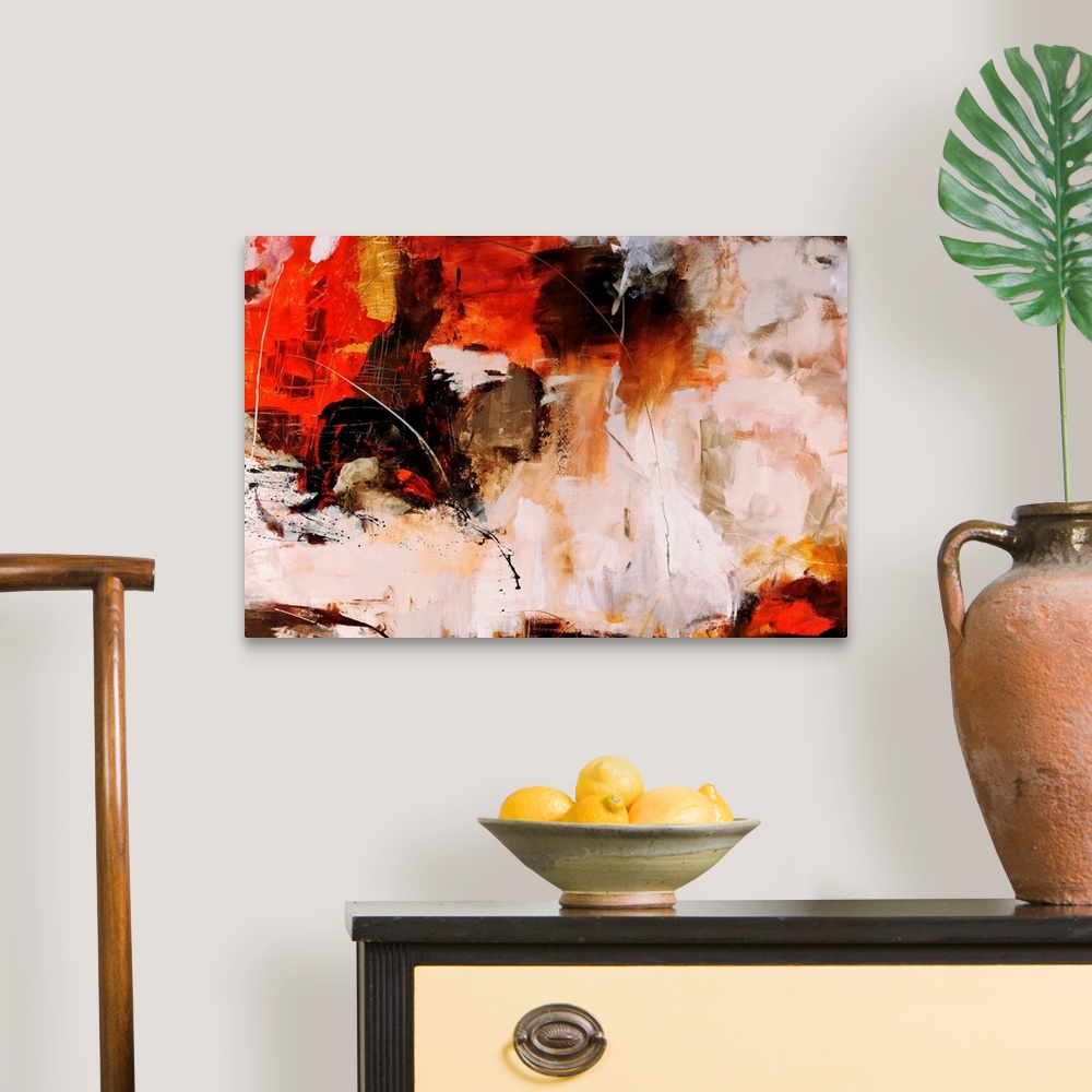 A traditional room featuring Large abstract painting of different blotches of color brushed on top of a neutral colored backdrop.