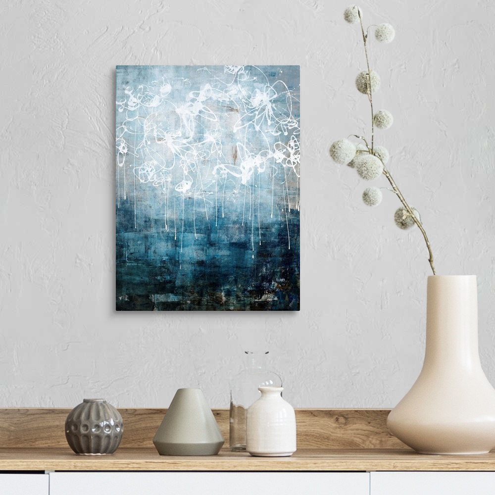A farmhouse room featuring Contemporary abstract painting using neutral tones and dark blue tones with scribbled white paint...