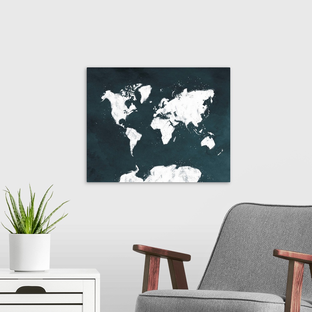 A modern room featuring World map artwork with sketch-like details against a navy background.