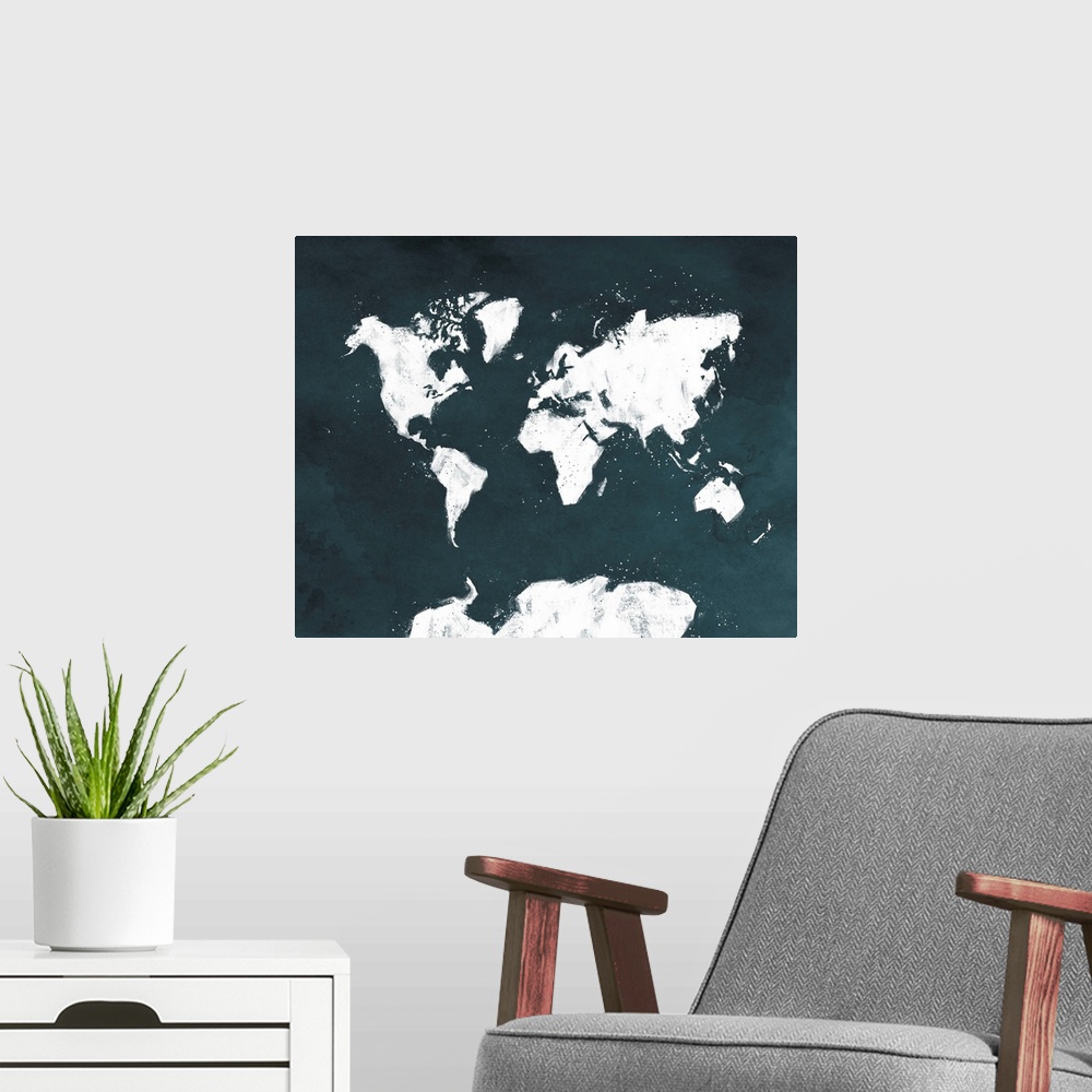 A modern room featuring World map artwork with sketch-like details against a navy background.