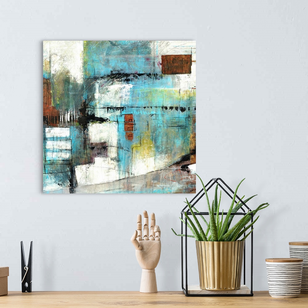 A bohemian room featuring Contemporary abstract artwork with sketchy, quick lines and dark blocks on top of a pale backgrou...