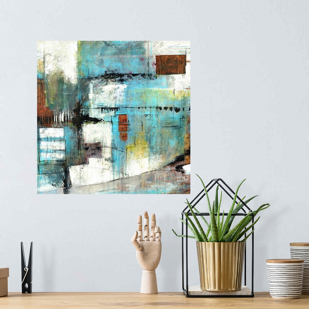 A bohemian room featuring Contemporary abstract artwork with sketchy, quick lines and dark blocks on top of a pale backgrou...