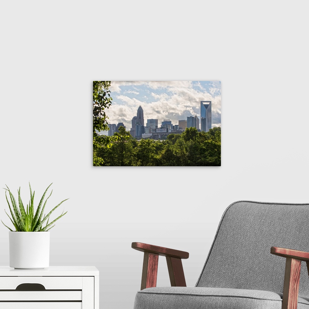 A modern room featuring A forest of trees in the foreground of the Charlotte North Carolina city skyline.