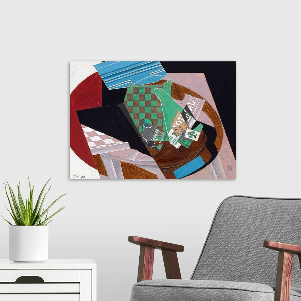 A modern room featuring Many Cubist artworks depict dice, game boards, and cards interspersed among bottles of liquor, wi...