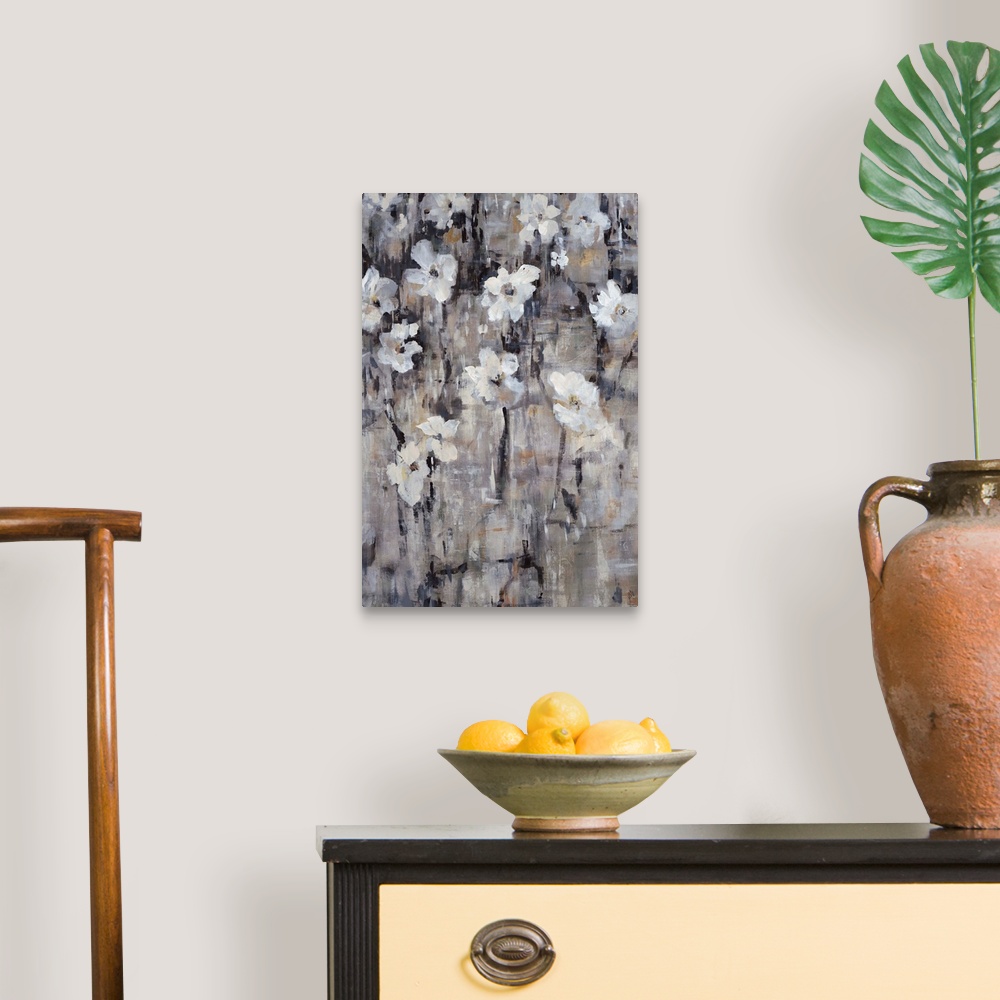 A traditional room featuring Contemporary painting of gray-toned florals.