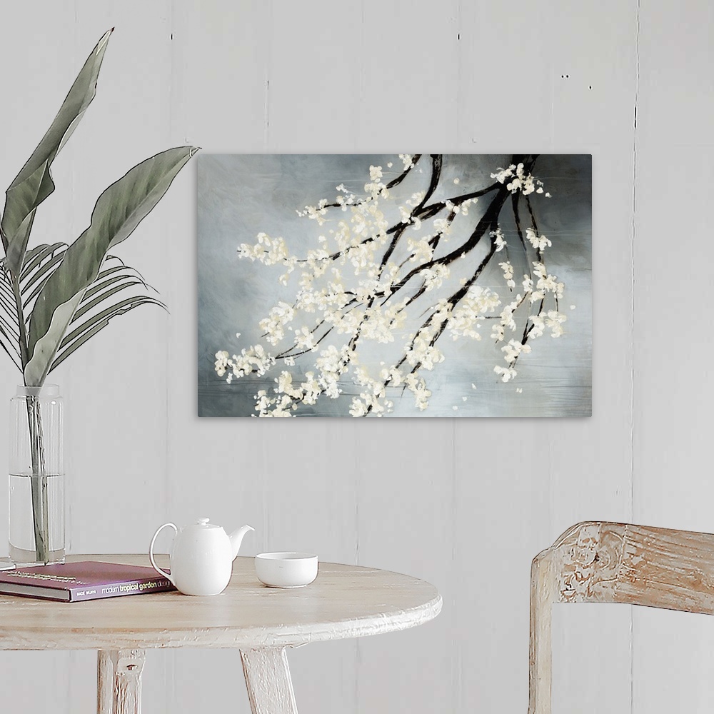 A farmhouse room featuring Contemporary drawing of blooming white flowers on the dark branches of a cherry tree hanging down...