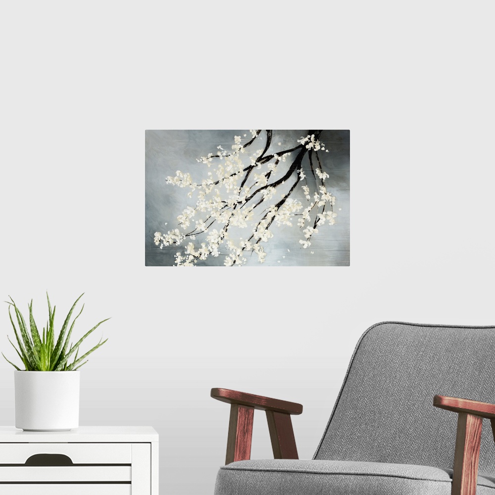 A modern room featuring Contemporary drawing of blooming white flowers on the dark branches of a cherry tree hanging down...