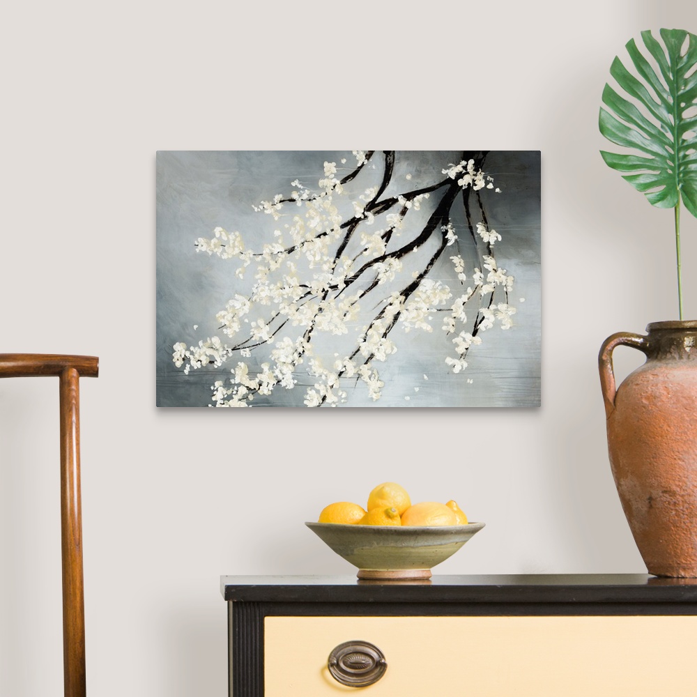 A traditional room featuring Contemporary drawing of blooming white flowers on the dark branches of a cherry tree hanging down...