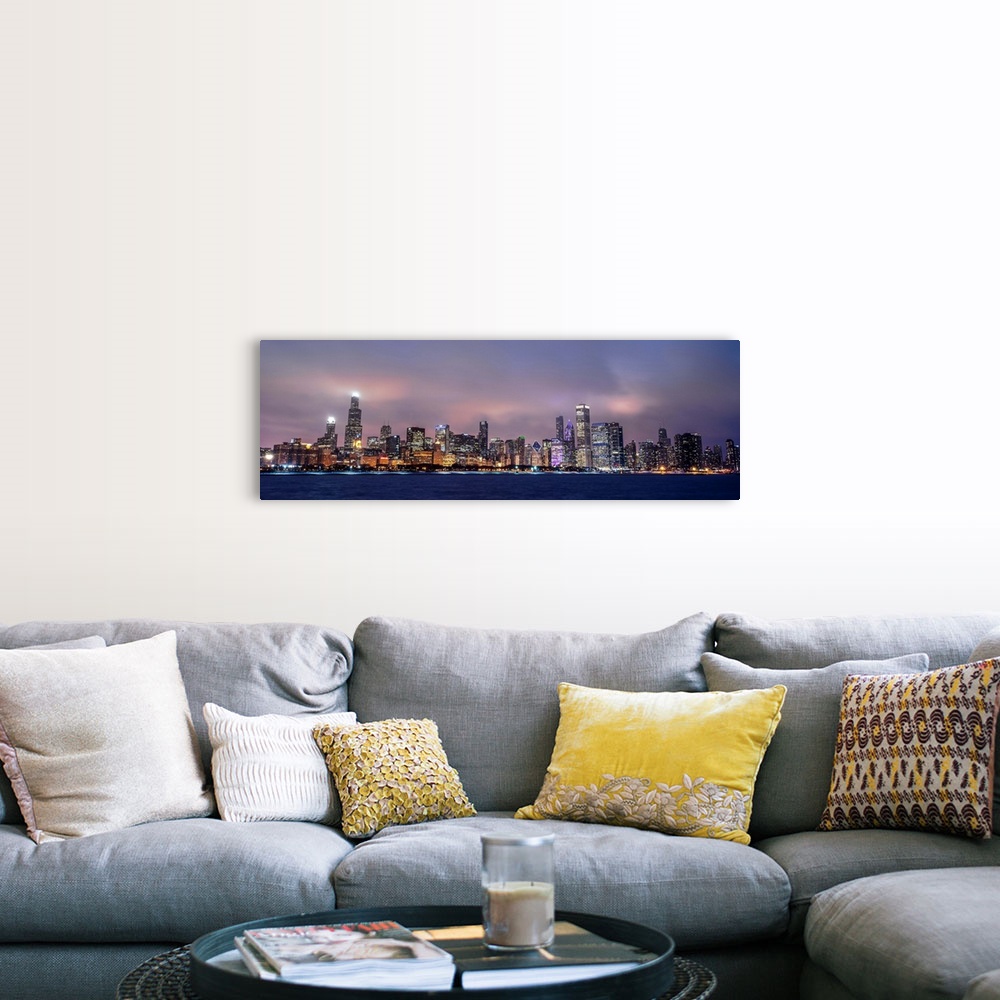 A farmhouse room featuring Panoramic view of the Chicago city skyline in the early evening, with city lights reflecting off ...