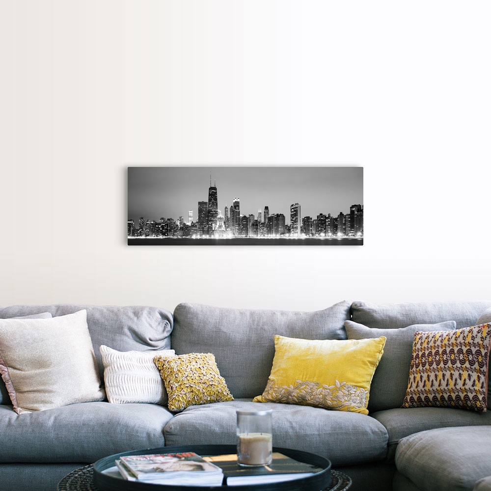A farmhouse room featuring Panoramic view of the Chicago city skyline illuminated in the early evening, seen from across the...