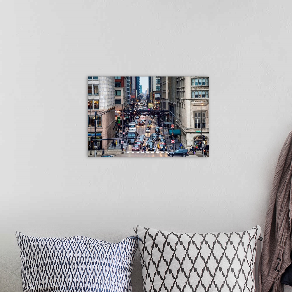 A bohemian room featuring Photo of one of Chicago's bustling streets, Monroe Street.