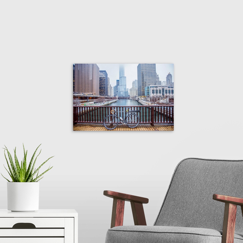 A modern room featuring View of Trump International Hotel & Tower Chicago from the William P. Fahey Bridge over Chicago R...