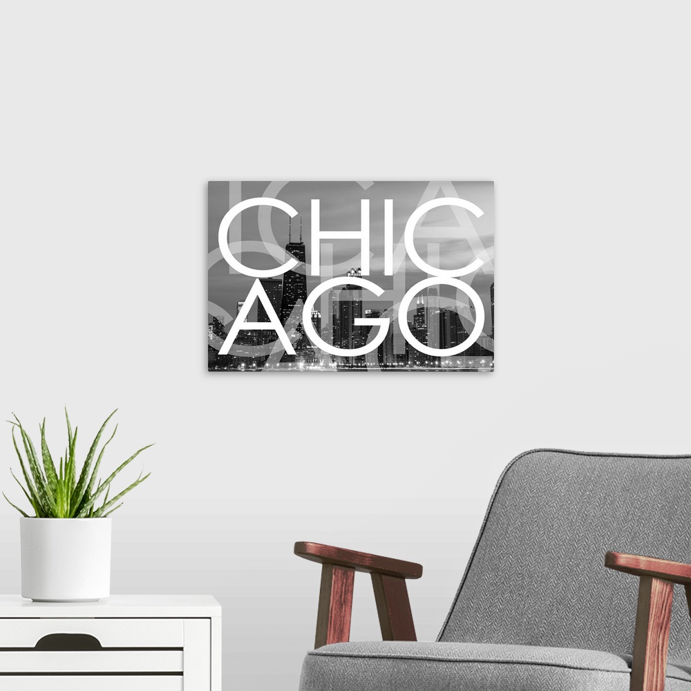 A modern room featuring Multi-exposure typography art against a photograph of the Chicago city skyline.