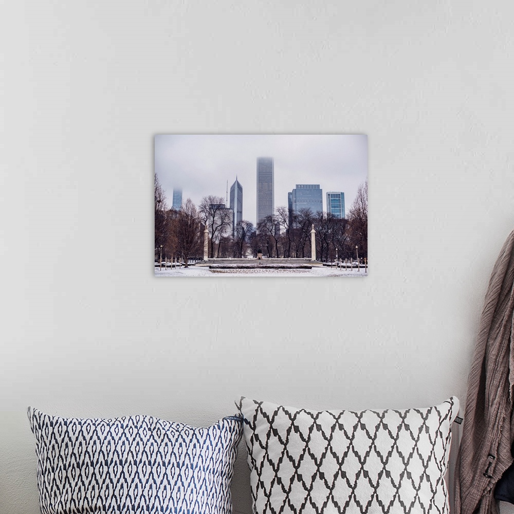 A bohemian room featuring View of Chicago skyline from Grant Park with Abraham Lincoln Statue.