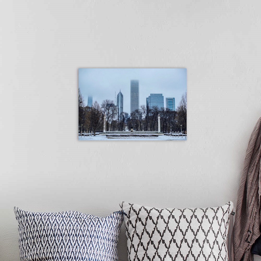 A bohemian room featuring View of Chicago skyline from Grant Park with Abraham Lincoln Statue.