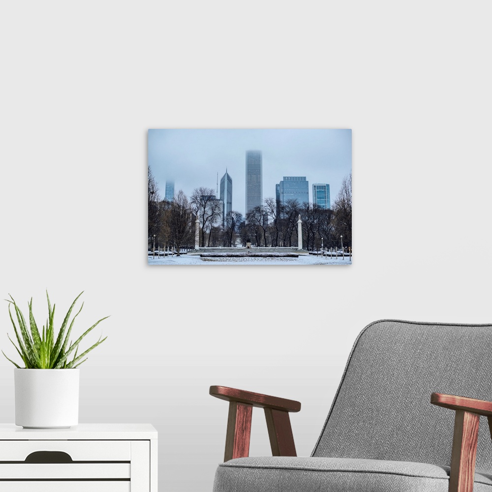 A modern room featuring View of Chicago skyline from Grant Park with Abraham Lincoln Statue.