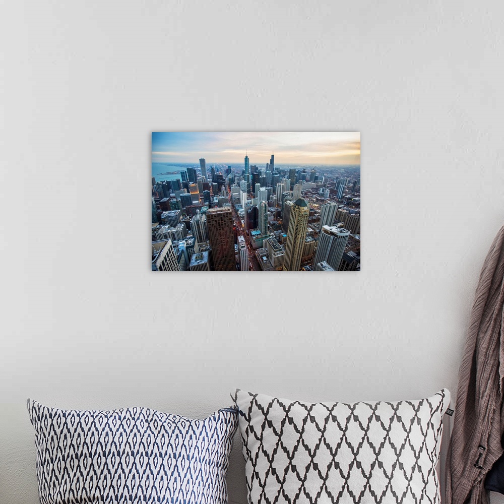 A bohemian room featuring Aerial view of Chicago's skyline in the morning.