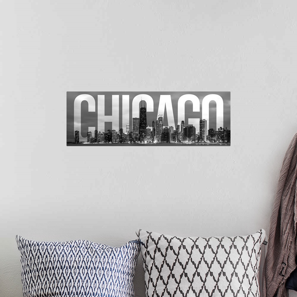 A bohemian room featuring Transparent typography art overlay against a photograph of the Chicago city skyline.
