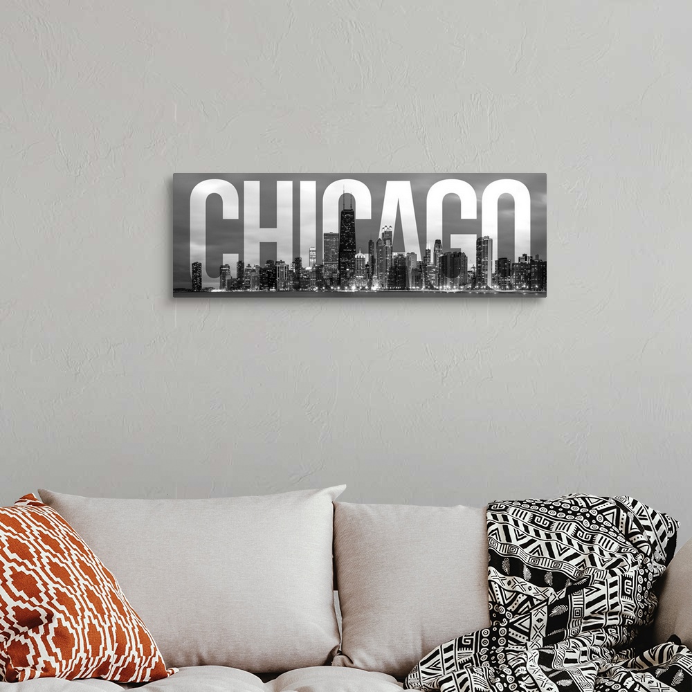 A bohemian room featuring Transparent typography art overlay against a photograph of the Chicago city skyline.