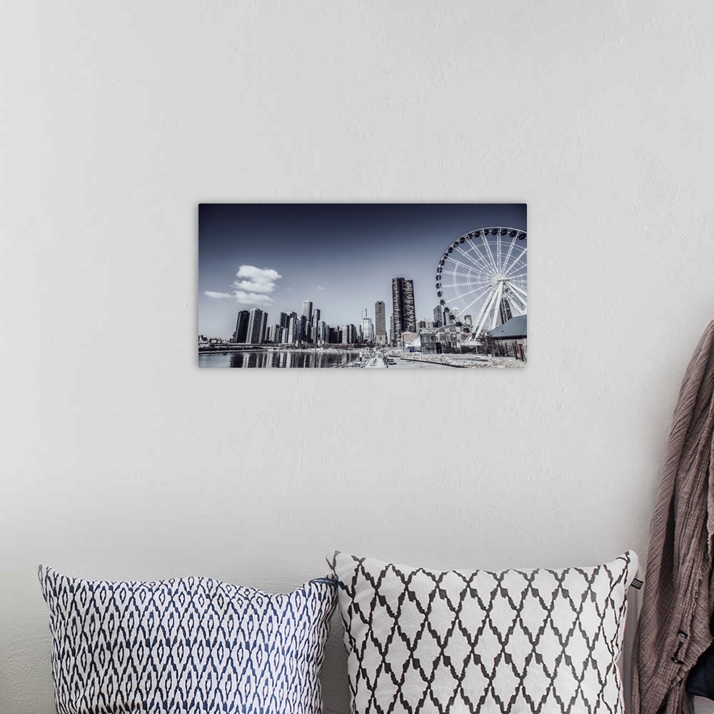A bohemian room featuring Photo of Chicago skyline with Centennial Wheel from Navy Pier.