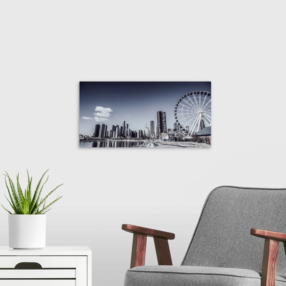 A modern room featuring Photo of Chicago skyline with Centennial Wheel from Navy Pier.