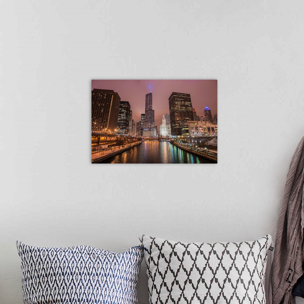 A bohemian room featuring Photo of tall buildings in the city of Chicago illuminated at dusk and reflected in the Chicago R...