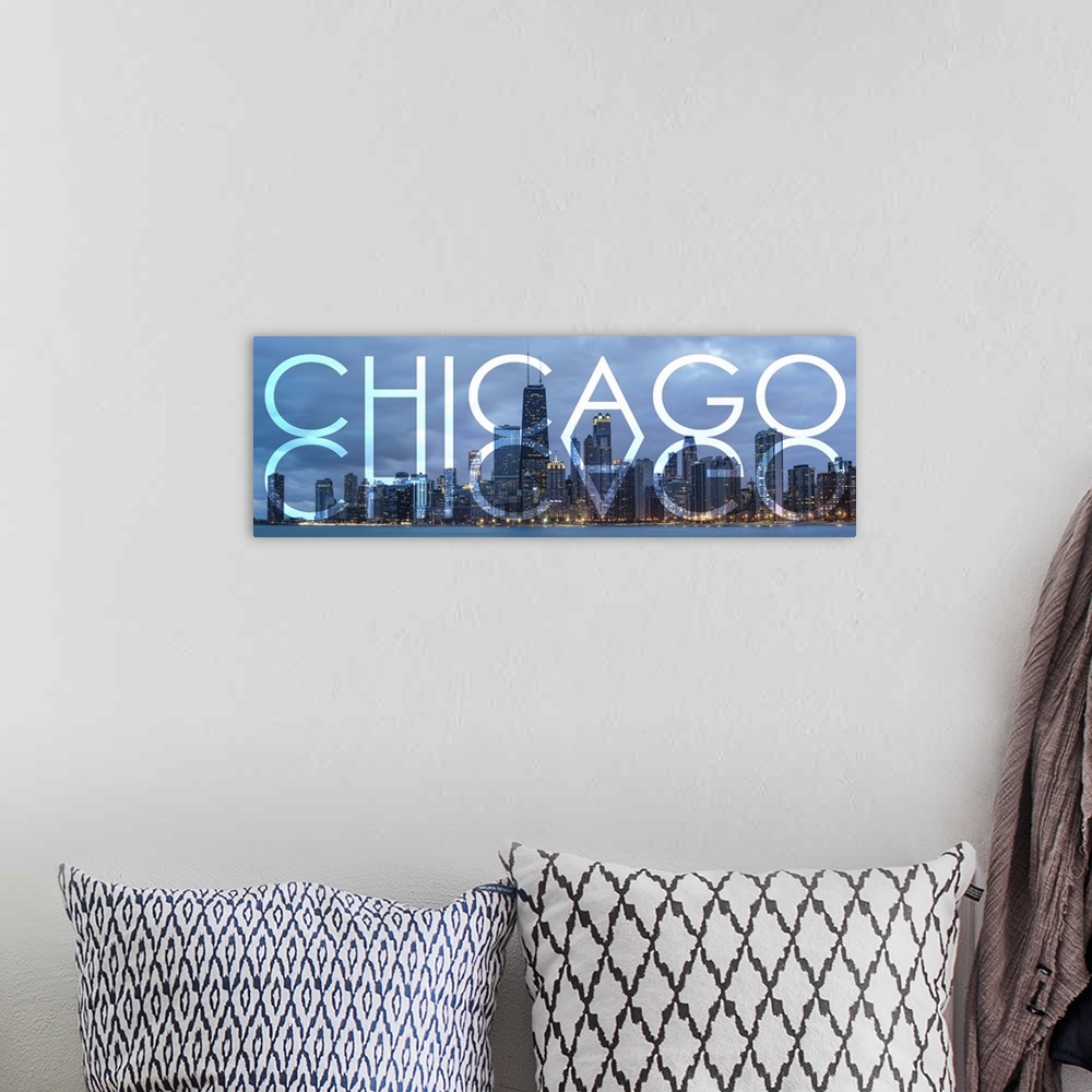 A bohemian room featuring Transparent mirrored typography art against a photograph of the Chicago city skyline.