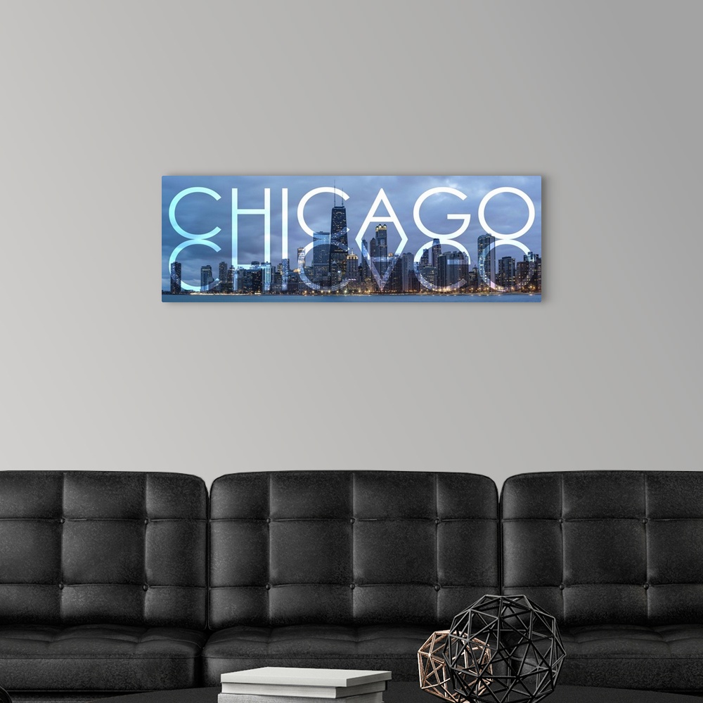 A modern room featuring Transparent mirrored typography art against a photograph of the Chicago city skyline.