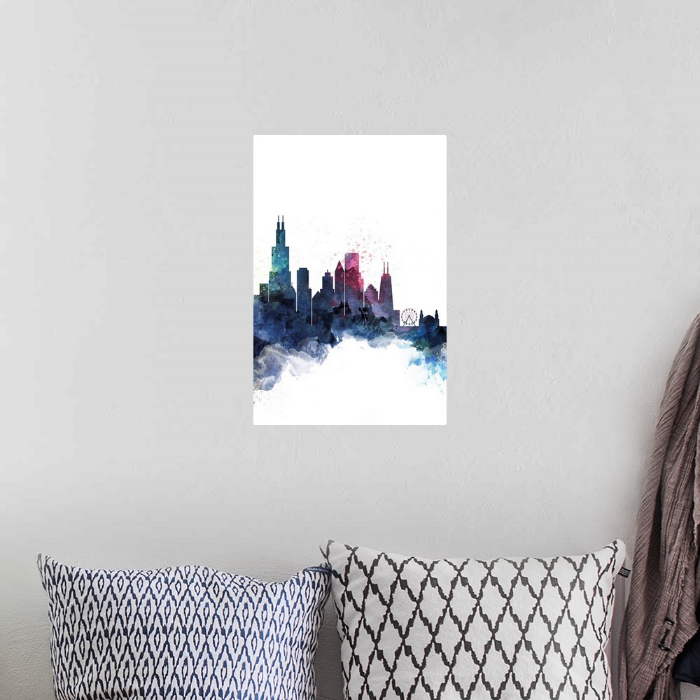 A bohemian room featuring The Chicago city skyline in colorful watercolor splashes.