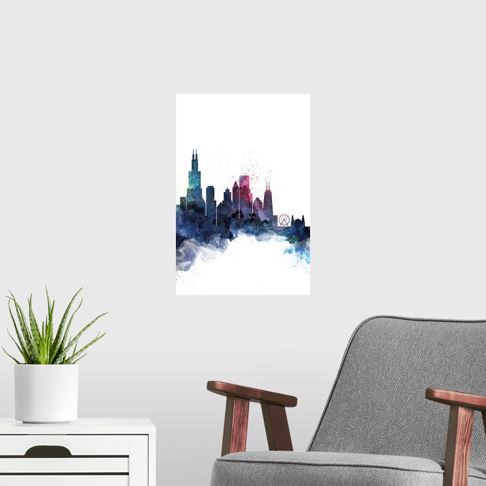 A modern room featuring The Chicago city skyline in colorful watercolor splashes.