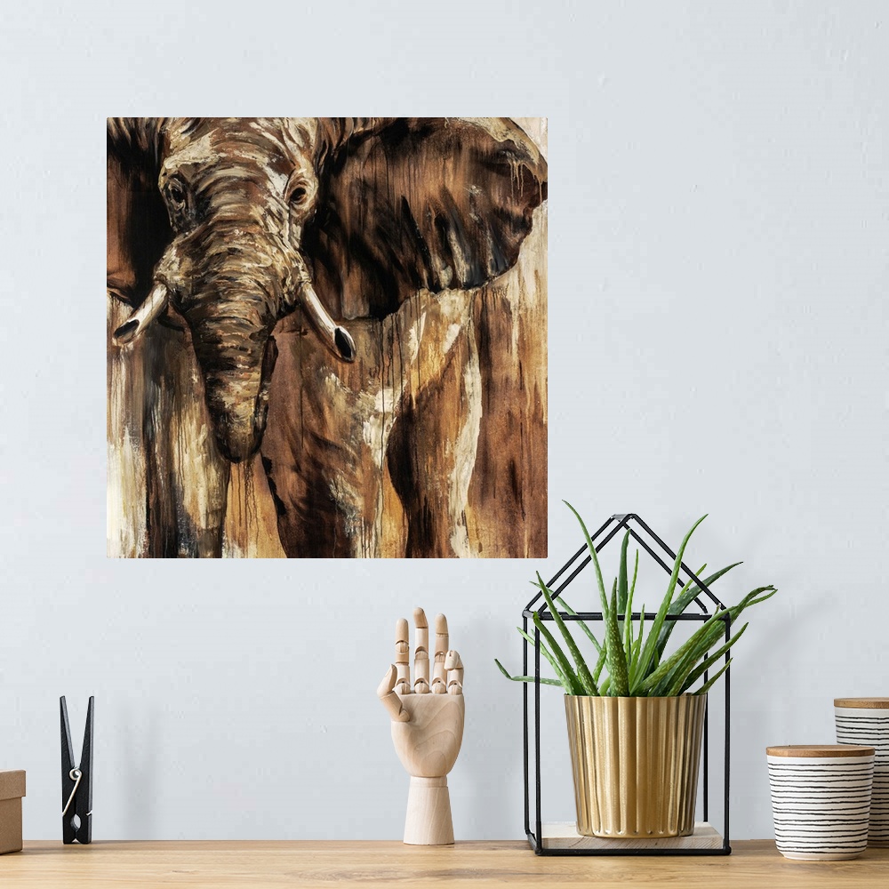 A bohemian room featuring Up-close contemporary painting of elephant with streaks of running paint.