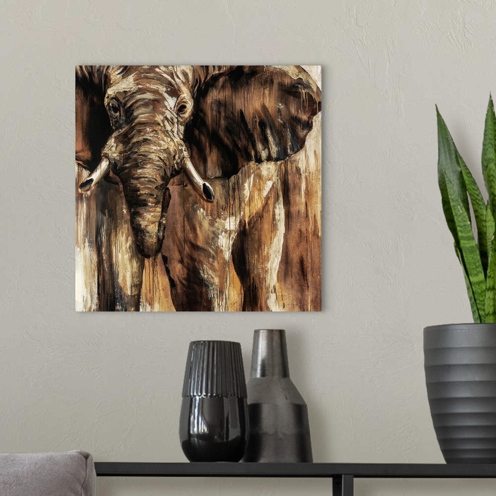 A modern room featuring Up-close contemporary painting of elephant with streaks of running paint.