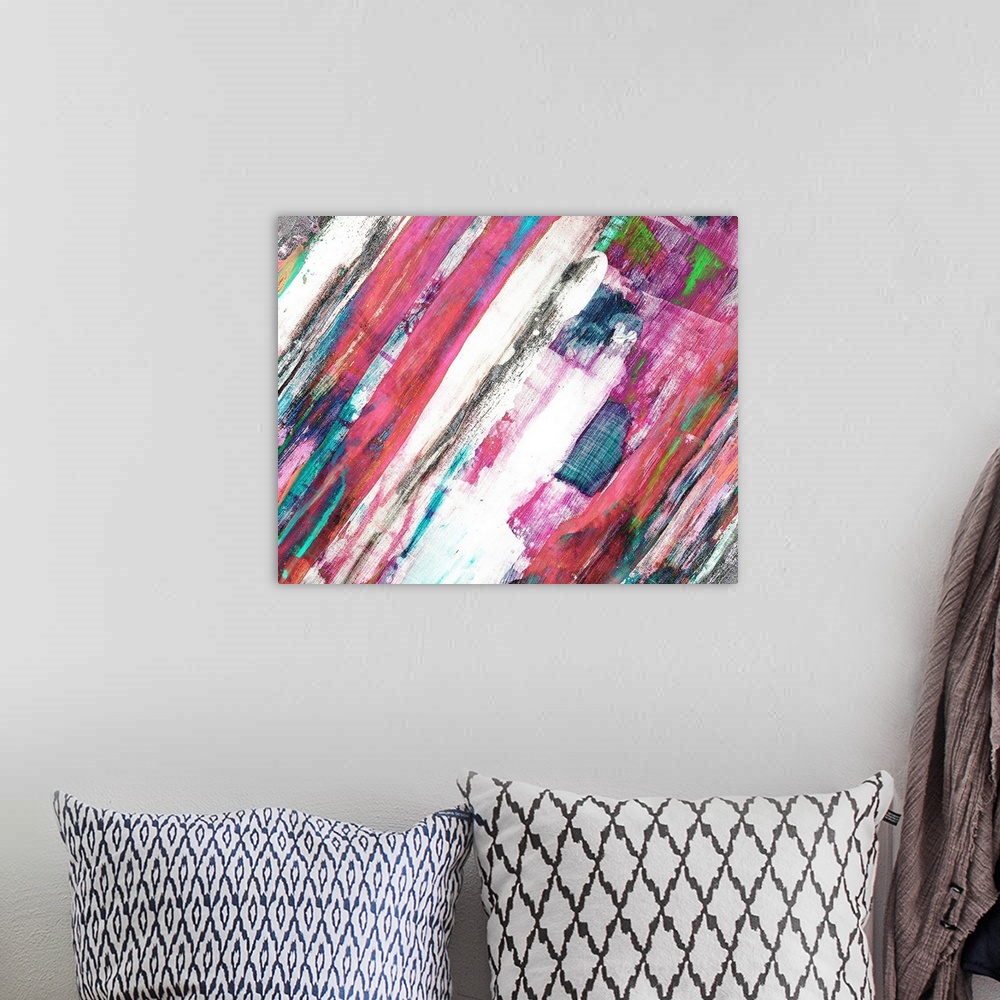 A bohemian room featuring Contemporary abstract of bold angled brush strokes in tones of pink, blue and gray.
