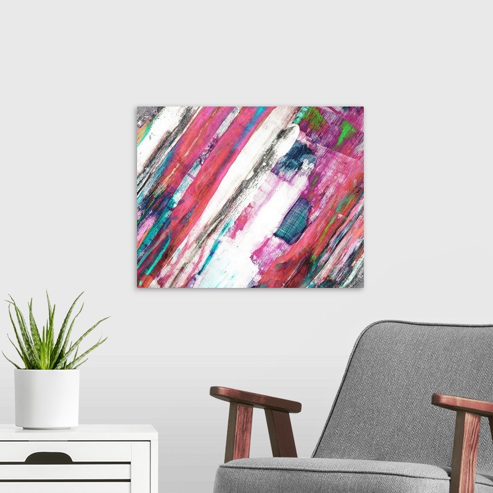 A modern room featuring Contemporary abstract of bold angled brush strokes in tones of pink, blue and gray.