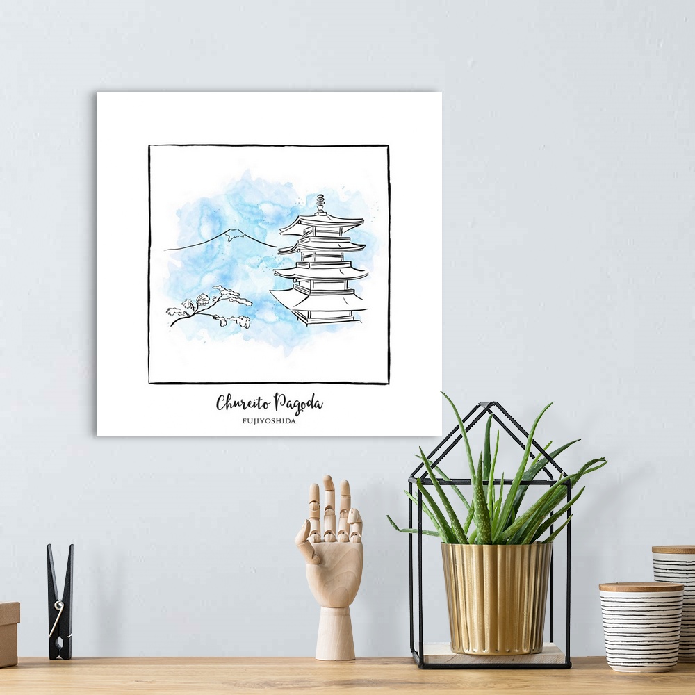 A bohemian room featuring An ink illustration of the Chureito Pagoda, Fujiyoshida, Japan, with a light blue watercolor wash.