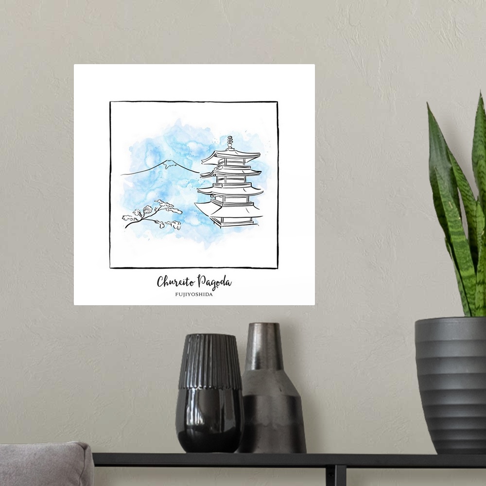 A modern room featuring An ink illustration of the Chureito Pagoda, Fujiyoshida, Japan, with a light blue watercolor wash.