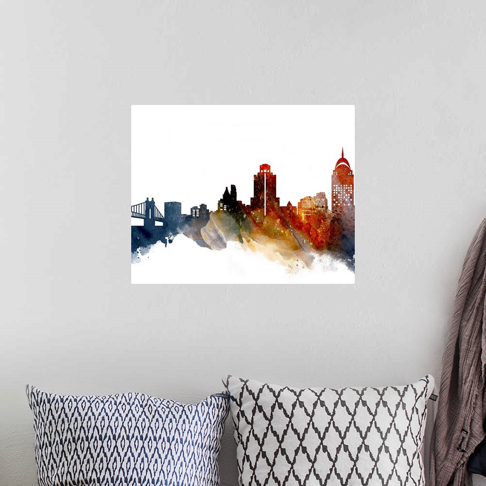 A bohemian room featuring The Cincinnati city skyline in colorful watercolor splashes.